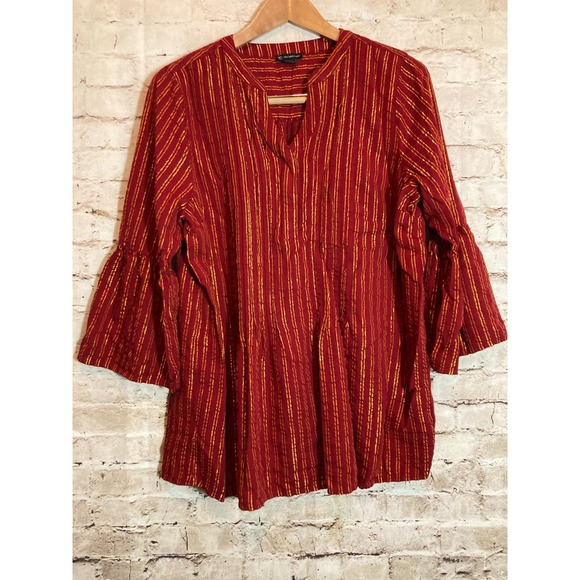 new directions Tops - New Directions Babydoll Top Womens Large Maroon & Gold Glitter Striped Popover